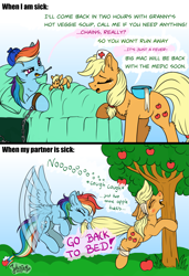 Size: 4093x6000 | Tagged: safe, artist:julunis14, imported from derpibooru, applejack, rainbow dash, earth pony, pegasus, pony, apple, apple tree, appledash, backwards thermometer, bandage, biting, chains, comedy, female, floppy ears, gritted teeth, ice pack, lesbian, mare, nurse, plushie, pulling, shipping, sick, tail, tail bite, tail pull, thermometer, tree