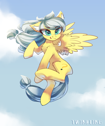 Size: 2000x2400 | Tagged: safe, artist:twinkling, imported from derpibooru, oc, oc only, oc:konki, pegasus, pony, action pose, cloud, flying, high res, looking at you, smiling, solo