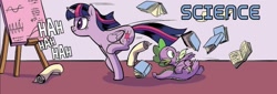 Size: 1040x355 | Tagged: safe, artist:pencils, idw, imported from derpibooru, spike, twilight sparkle, alicorn, dragon, pony, spoiler:comic95, book, comic, cropped, female, male, mare, science, season 10