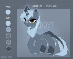 Size: 3755x3022 | Tagged: safe, artist:magnaluna, imported from derpibooru, oc, oc only, oc:prism haze, kirin, adoptable, cute, eye clipping through hair, horn, kirin oc, kirinbetes, male, raised hoof, reference sheet, solo, watermark