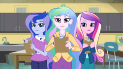 Size: 3410x1920 | Tagged: safe, imported from derpibooru, screencap, princess cadance, princess celestia, princess luna, acadeca, equestria girls, friendship games, clipboard, dean cadance, female, high res, principal celestia, smiling, trio, vice principal luna