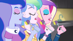 Size: 3410x1920 | Tagged: safe, imported from derpibooru, screencap, princess cadance, princess celestia, princess luna, human, acadeca, equestria girls, friendship games, cake, dean cadance, eyes closed, female, food, fork, high res, open mouth, principal celestia, trio, vice principal luna