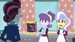 Size: 3410x1920 | Tagged: safe, imported from derpibooru, screencap, principal abacus cinch, suri polomare, upper crust, acadeca, equestria girls, friendship games, cake, clothes, crystal prep academy uniform, female, food, high res, open mouth, school uniform, trio