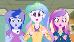 Size: 3410x1920 | Tagged: safe, imported from derpibooru, screencap, princess cadance, princess celestia, princess luna, human, acadeca, equestria girls, friendship games, dean cadance, female, high res, open mouth, principal celestia, siblings, sisters, trio, trio female, vice principal luna