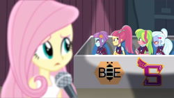 Size: 3410x1920 | Tagged: safe, imported from derpibooru, screencap, fluttershy, lemon zest, sour sweet, sugarcoat, sunny flare, human, acadeca, equestria girls, friendship games, female, high res, microphone, open mouth