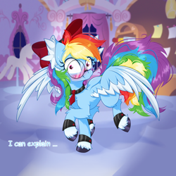 Size: 2500x2500 | Tagged: safe, artist:rurihal, imported from derpibooru, rainbow dash, pegasus, pony, blushing, caught, clothes, colored wings, cute, dashabetes, ear fluff, embarrassed, female, glasses, looking at you, mare, messy mane, multicolored wings, rainbow dash always dresses in style, raised hoof, shrunken pupils, solo, spread wings, unshorn fetlocks, wings