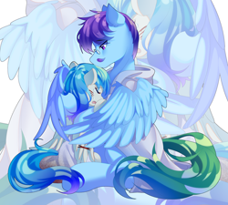 Size: 2918x2627 | Tagged: safe, artist:alus, imported from derpibooru, oc, oc only, oc:dr.lancet dois, oc:dr.picsell dois, pegasus, pony, blood, clothes, comforting, crying, father and child, father and son, hug, injured, injured wing, lab coat, male, wings, zoom layer