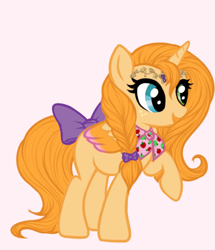 Size: 370x430 | Tagged: safe, artist:jraisins, imported from derpibooru, oc, oc:princess butter bloom, alicorn, pony, series:fik: next generation, alternate universe, au:friendship is kindness, bow, braid, colored wings, commission, diadem, female, filly, foal, hair bow, heterochromia, jewelry, long hair, multicolored wings, neckerchief, offspring, parent:big macintosh, parent:fluttershy, parents:fluttermac, pink background, simple background, solo, tail, tail bow, wings