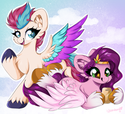 Size: 3015x2737 | Tagged: safe, artist:woonborg, imported from derpibooru, pipp petals, zipp storm, pegasus, pony, adorapipp, adorazipp, cellphone, chest fluff, cute, ear fluff, female, g5, headband, jewelry, mare, open mouth, open smile, phone, regalia, royal sisters (g5), shiny, siblings, sisters, smiling, spread wings, unshorn fetlocks, wings