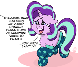 Size: 1306x1121 | Tagged: safe, artist:doodledonutart, imported from derpibooru, starlight glimmer, pony, unicorn, bashful, cheek fluff, chest fluff, clothes, comic, dialogue, female, floppy ears, implied sunburst, mare, offscreen character, open mouth, open smile, smiling, socks, solo