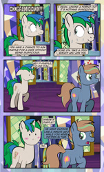 Size: 1920x3169 | Tagged: safe, artist:alexdti, imported from derpibooru, oc, oc only, oc:brainstorm (alexdti), oc:star logic, pony, unicorn, comic:quest for friendship, :i, blushing, butt, comic, dialogue, dot eyes, duo, duo male, ears back, high res, hooves, horn, implied gay, implied purple creativity, looking back, male, nervous, nose wrinkle, open mouth, plot, raised hoof, scrunchy face, shadow, shrunken pupils, smiling, speech bubble, stallion, standing, sweat, sweatdrops, sweating profusely, tail, twilight's castle, two toned mane, two toned tail, unicorn oc