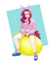 Size: 1280x1529 | Tagged: safe, artist:xoxori, imported from derpibooru, pinkie pie, human, clothes, hoodie, humanized, sandals, space hopper