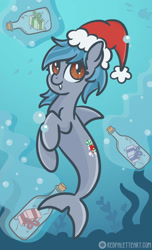 Size: 696x1148 | Tagged: safe, artist:redpalette, imported from derpibooru, oc, oc only, original species, shark, shark pony, bottle, christmas, cute, hat, holiday, santa hat, scene, shark pony oc, smiling, tooth, underwater