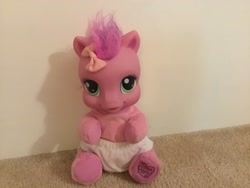 Size: 3264x2448 | Tagged: safe, imported from derpibooru, photographer:tessie, skywishes, pony, baby, baby pony, baby wishes, bow, cute, cutewishes, diaper, electronic toy, female, filly, foal, g3, hair bow, irl, photo, play-n-carry skywishes, so soft, toy