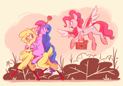 Size: 2000x1400 | Tagged: safe, artist:scribble-potato, imported from derpibooru, izzy moonbow, pinkie pie, alpaca, pegasus, pony, unicorn, them's fightin' herds, basket, bracelet, community related, doodle, food, g5, izzy impaling things, jewelry, muffin, necklace, one eye closed, open mouth, paprika (tfh), pegasus pinkie pie, race swap