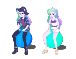 Size: 6099x4744 | Tagged: safe, artist:archadragon, artist:joshspeed7, imported from derpibooru, princess celestia, equestria girls, clothes, denim shorts, female, hat, jacket, leggings, looking at you, principal celestia, sandals, short sleeves, shorts, simple background, sleeveless, space hopper, transparent background, unamused