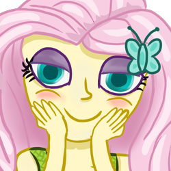 Size: 2000x2000 | Tagged: safe, artist:heaveneugene, imported from derpibooru, fluttershy, equestria girls, blushing, butterfly hairpin, female, hands on cheeks, lidded eyes, simple background, smiling, solo, transparent background