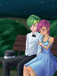 Size: 1281x1724 | Tagged: safe, artist:scs-g3-n17, imported from derpibooru, scootaloo, spike, human, bench, breasts, cleavage, clothes, commission, dress, duo, female, humanized, male, night, scootaspike, shipping, straight