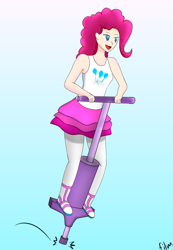 Size: 2040x2945 | Tagged: safe, artist:film77asq, imported from derpibooru, pinkie pie, human, female, gradient background, humanized, pogo stick, solo