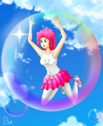 Size: 3275x3990 | Tagged: safe, artist:film77asq, imported from derpibooru, pinkie pie, human, bubble, clothes, cloud, female, humanized, in bubble, rah rah skirt, skirt, sky, sky background, solo