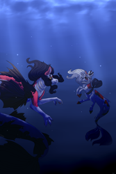 Size: 2000x3000 | Tagged: safe, artist:xxsatomixx, imported from derpibooru, oc, merpony, black mane, blue background, bubble, clothes, crepuscular rays, deviantart watermark, fish tail, flowing mane, flowing tail, koi pony, looking at each other, looking at someone, obtrusive watermark, ocean, simple background, sunlight, tail, underwater, water, watermark
