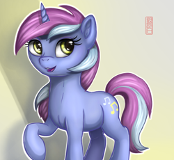 Size: 1178x1083 | Tagged: safe, artist:celsian, imported from derpibooru, lavender melody, pony, unicorn, background pony, ear fluff, female, looking at you, mare, nachtmusik, open mouth, raised hoof, signature, solo