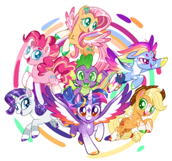 Size: 1024x957 | Tagged: safe, artist:goldlines005, imported from derpibooru, applejack, fluttershy, pinkie pie, rainbow dash, rarity, spike, twilight sparkle, alicorn, dragon, earth pony, pegasus, pony, unicorn, abstract background, eyelashes, female, hat, male, mane seven, mane six, mare, rainbow power, running, simple background, smiling, twilight sparkle (alicorn), white background