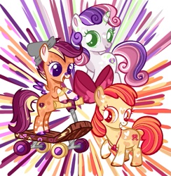 Size: 547x561 | Tagged: safe, artist:goldlines005, imported from derpibooru, apple bloom, scootaloo, sweetie belle, earth pony, pegasus, pony, unicorn, abstract background, cutie mark crusaders, eyelashes, female, filly, foal, scooter, the cmc's cutie marks