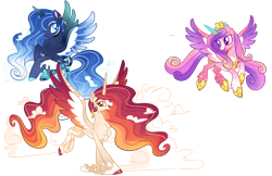 Size: 1111x719 | Tagged: safe, artist:goldlines005, imported from derpibooru, princess cadance, princess celestia, princess luna, alicorn, pony, female, flying, horn, looking back, mare, redesign, simple background, transparent background, wings