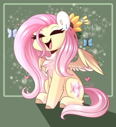 Size: 1209x1321 | Tagged: safe, artist:sakukitty, imported from derpibooru, fluttershy, butterfly, pegasus, pony, chest fluff, cute, daaaaaaaaaaaw, eyes closed, female, flower, flower in hair, mare, open mouth, shyabetes, smiling, solo