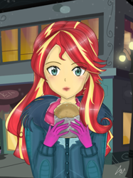 Size: 536x715 | Tagged: safe, artist:namieart, imported from derpibooru, sunset shimmer, equestria girls, clothes, female, food, solo