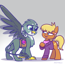 Size: 2048x2048 | Tagged: safe, artist:pfeffaroo, imported from derpibooru, gabby, ms. harshwhinny, earth pony, griffon, pony, badge, bag, chest fluff, clothes, duo, ear piercing, earring, female, jewelry, looking at each other, looking at someone, mare, piercing, saddle bag