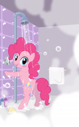 Size: 1200x1920 | Tagged: safe, artist:zigrock, imported from derpibooru, pinkie pie, earth pony, pony, bipedal, bubble, female, looking at you, looking back, looking back at you, mare, shower, solo, standing on two hooves, towel