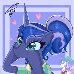 Size: 920x920 | Tagged: safe, artist:namieart, imported from derpibooru, princess celestia, princess luna, alicorn, pony, between dark and dawn, alternate hairstyle, cheek squish, clothes, cute, duo, female, hawaiian shirt, heart, hooves on cheeks, lunabetes, ponytail, shirt, smiling, squishy cheeks