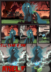 Size: 2894x4093 | Tagged: safe, artist:stormcloud-yt, imported from derpibooru, queen chrysalis, changeling, changeling queen, base used, comic, female, outdoors, poison joke, raised hoof, talking