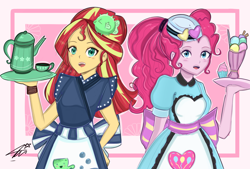 Size: 1748x1181 | Tagged: safe, artist:namieart, imported from derpibooru, pinkie pie, sunset shimmer, equestria girls, cup, duo, female, food, ice cream, server pinkie pie, sunset sushi, tea, teacup, waitress