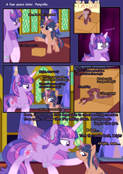 Size: 2894x4093 | Tagged: safe, artist:stormcloud-yt, imported from derpibooru, twilight sparkle, oc, alicorn, pony, base used, cardboard box, comic, dialogue, female, filly, foal, indoors, mare, misspelling, offspring, parent:flash sentry, parent:twilight sparkle, parents:flashlight, raised hoof, twilight sparkle (alicorn)