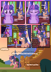 Size: 2894x4093 | Tagged: safe, artist:stormcloud-yt, imported from derpibooru, twilight sparkle, oc, alicorn, pony, bag, base used, comic, dialogue, eyes closed, female, filly, foal, glowing, glowing horn, horn, looking back, magic, mare, offspring, outdoors, parent:flash sentry, parent:twilight sparkle, parents:flashlight, saddle bag, telekinesis, twilight sparkle (alicorn)
