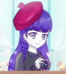 Size: 720x808 | Tagged: safe, artist:namieart, imported from derpibooru, rarity, equestria girls, sweet and elite, beatnik rarity, beret, camera, clothes, female, hat, solo, sweater