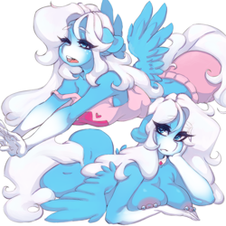 Size: 3072x3072 | Tagged: safe, artist:tolsticot, imported from derpibooru, oc, oc only, oc:icy heart, anthro, pegasus, anthro oc, blaze (coat marking), breast squish, breasts, clothes, coat markings, facial markings, female, floppy ears, hand on head, mare, midriff, morning ponies, nipple piercing, nipples, nudity, pajamas, piercing, sexy, socks (coat markings), stretching, tanktop, tired, yawn