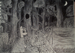 Size: 1001x707 | Tagged: safe, artist:sasha4213, imported from derpibooru, oc, oc only, pony, bonfire, campfire, fire, forest, moon, night, solo, tent, traditional art