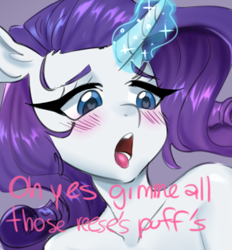 Size: 367x396 | Tagged: safe, artist:kaikururu, imported from derpibooru, rarity, anthro, unicorn, bust, cropped, eyelashes, female, glowing, glowing horn, horn, open mouth, simple background, solo, talking, tongue out