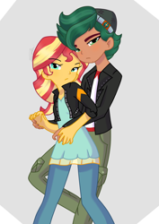 Size: 700x990 | Tagged: safe, artist:imtailsthefoxfan, imported from derpibooru, sunset shimmer, timber spruce, equestria girls, clothes, duo, female, jacket, leather jacket, male, shipping, straight, timbershimmer