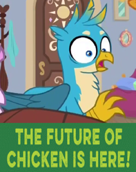 Size: 694x880 | Tagged: safe, editor:horsesplease, imported from derpibooru, gallus, bird, chicken, griffon, caption, expand dong, exploitable meme, gallus the rooster, gallusposting, image macro, kyochon, meme, shocked, solo, wow! glimmer