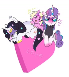 Size: 1450x1613 | Tagged: safe, artist:aztrial, imported from derpibooru, princess flurry heart, oc, oc:bitterroot, oc:puck, pony, blushing, colt, female, filly, foal, frown, grumpy, heart, heart eyes, looking at you, male, offspring, older, older flurry heart, one eye closed, parent:princess cadance, parent:shining armor, parents:shiningcadance, princess emo heart, siblings, simple background, trio, white background, wingding eyes, wink, winking at you