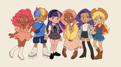 Size: 1080x596 | Tagged: safe, artist:rosabeeart, imported from derpibooru, applejack, fluttershy, pinkie pie, rainbow dash, rarity, twilight sparkle, human, bag, bandaid, boots, cardigan, clothes, dark skin, dress, ear piercing, earring, female, flower, full body, group, hairpin, happy, hat, headband, humanized, jewelry, leg warmers, long hair, looking at you, mane six, necklace, necktie, overalls, piercing, platform shoes, pleated skirt, pretty, shoes, short hair, shorts, simple background, skirt, smiling, smirk, socks, vest, waving