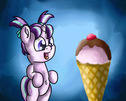 Size: 1280x1024 | Tagged: safe, artist:saburodaimando, imported from derpibooru, starlight glimmer, pony, unicorn, belly button, bipedal, cute, female, filly, filly starlight glimmer, food, glimmerbetes, ice cream, ice cream cone, open mouth, open smile, pigtails, smiling, solo, starlight glimmer day, younger