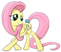 Size: 1091x948 | Tagged: safe, artist:reconprobe, imported from derpibooru, fluttershy, butterfly, pegasus, pony, butterfly on butt, female, insect on butt, looking at something, looking back, mare, simple background, solo, standing, transparent background