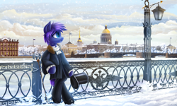 Size: 5000x3000 | Tagged: safe, artist:atlas-66, imported from derpibooru, oc, oc only, bat pony, pony, bat pony oc, bipedal, bridge, cane, castle, city, clothes, cyrillic, fangs, fence, flag, hat, house, lamp, pillar, russia, saint petersburg, sky, snow, solo, top hat, tram