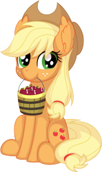 Size: 4918x8326 | Tagged: safe, artist:cyanlightning, imported from derpibooru, applejack, earth pony, pony, .svg available, absurd resolution, apple, bucket, cute, ear fluff, female, food, hat, jackabetes, mare, mouth hold, simple background, sitting, smiling, solo, transparent background, vector